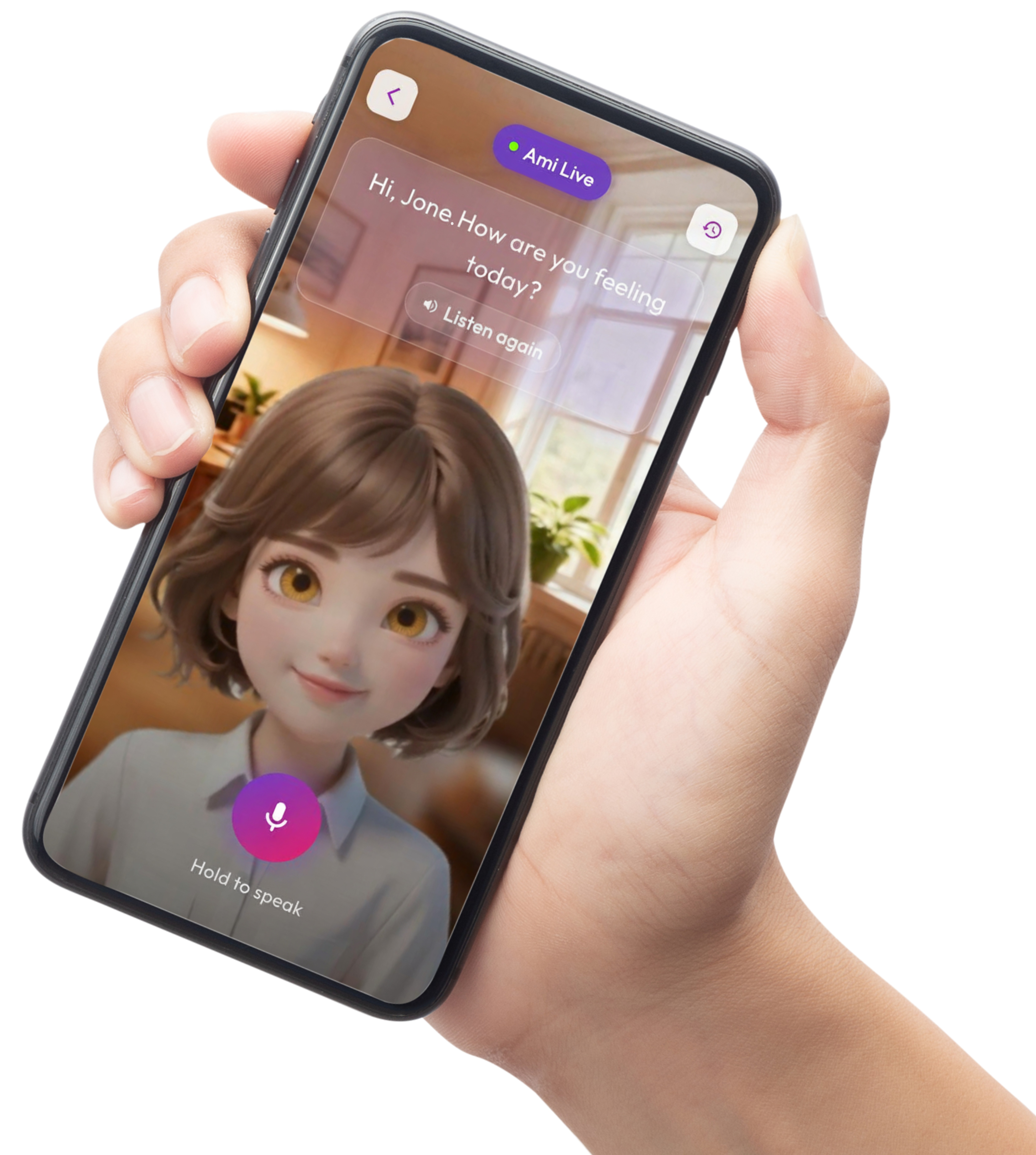 AMI-Go voice chatbot on a phone, showing a wellbeing check-in and Hold to speak control