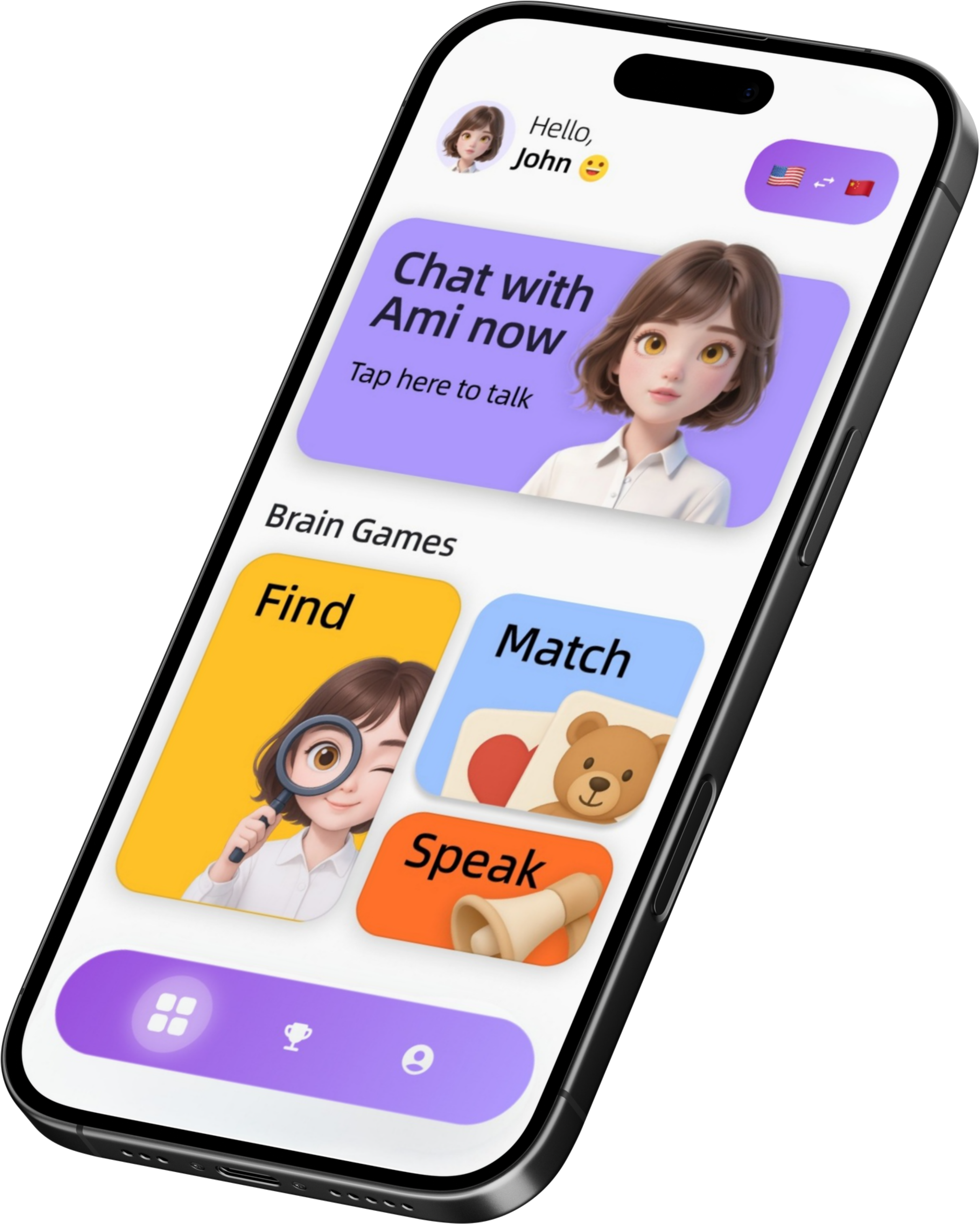 AmiLife home screen featuring Chat with Ami and the Find, Match and Speak brain games